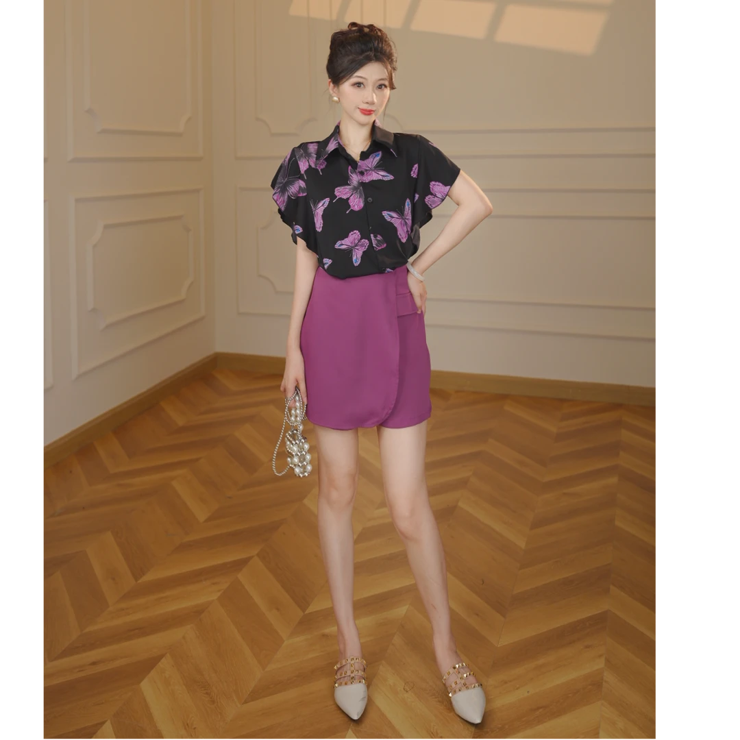 【张小小】【两件套】休闲套装裙女夏减龄衬衫短裙裤两件套D2707