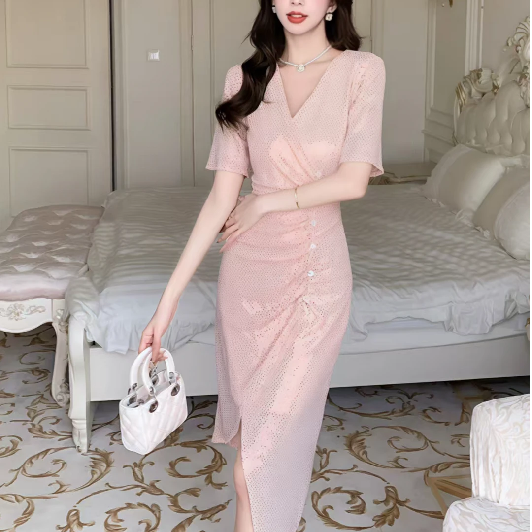 [依易原创]气质名媛修身褶皱亮片开叉不规则下摆礼服裙B0112