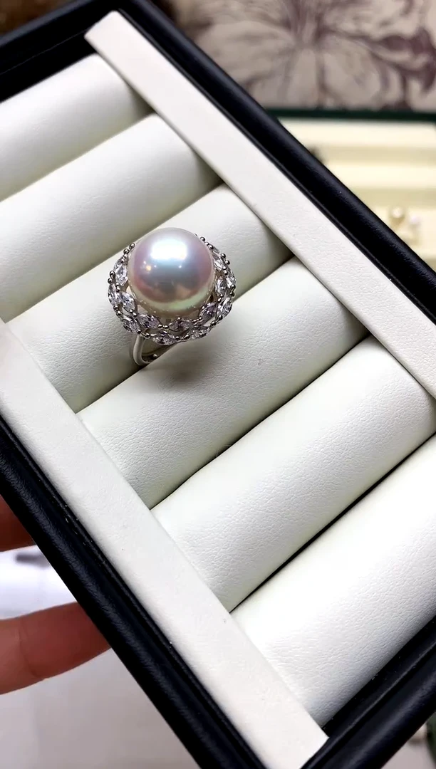 银S925镶嵌戒指淡水珍珠13-14mm