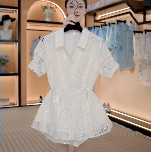 “翩翩起舞”新夏季欧诺风新款气质个性遮肉显瘦衬衫套装 Y624