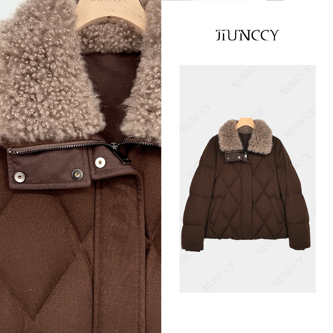 JIUNCCY【绒花】羊毛混纺山羊绒皮毛一体立翻领菱格羽绒服52YYRF007