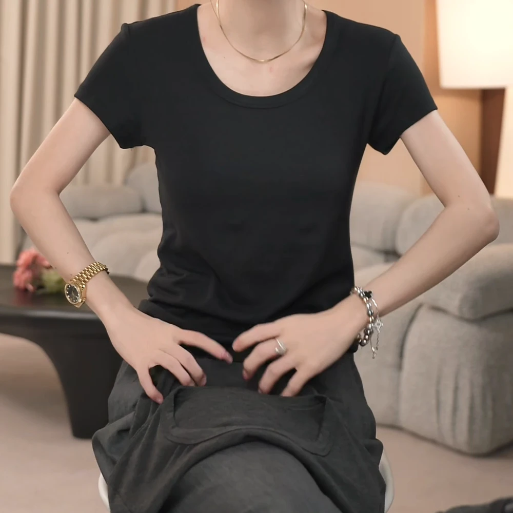 U领小飞袖设计感气质t恤女2025夏季新款修身显瘦短袖上衣薄款