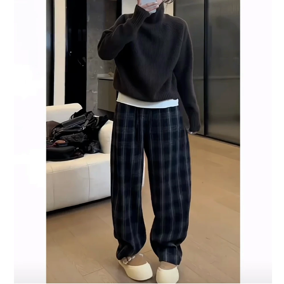 【格子裤】8802冬季新款慵懒高级蓝格弯刀裤高腰显瘦百搭女士休闲裤