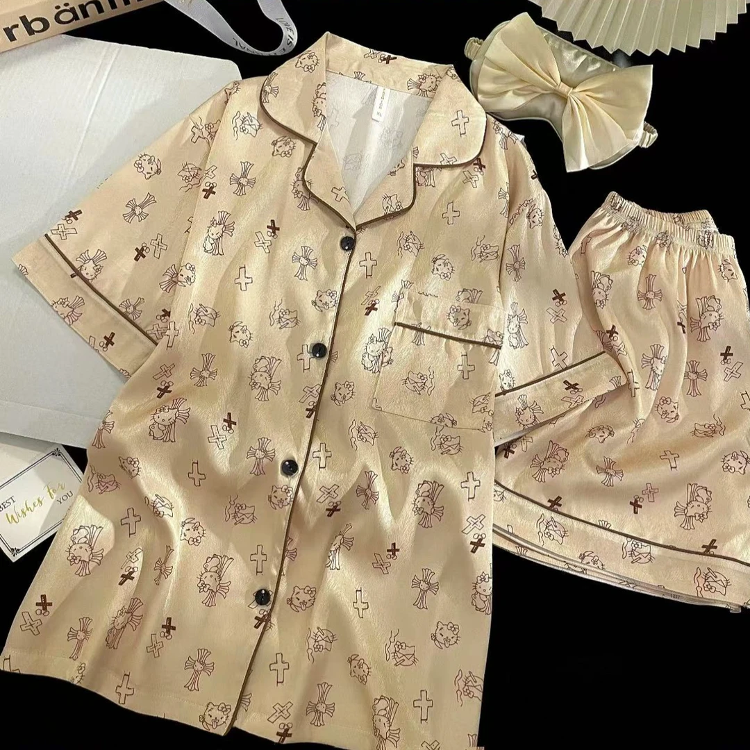 睡衣女冰雪丝2025年夏季爆款短袖高级感宽松开衫新款家居服套装