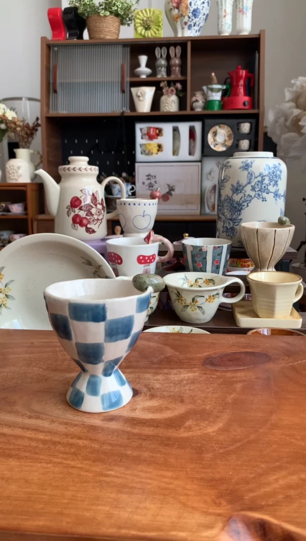 瓷蓝色格子手握杯 送勺