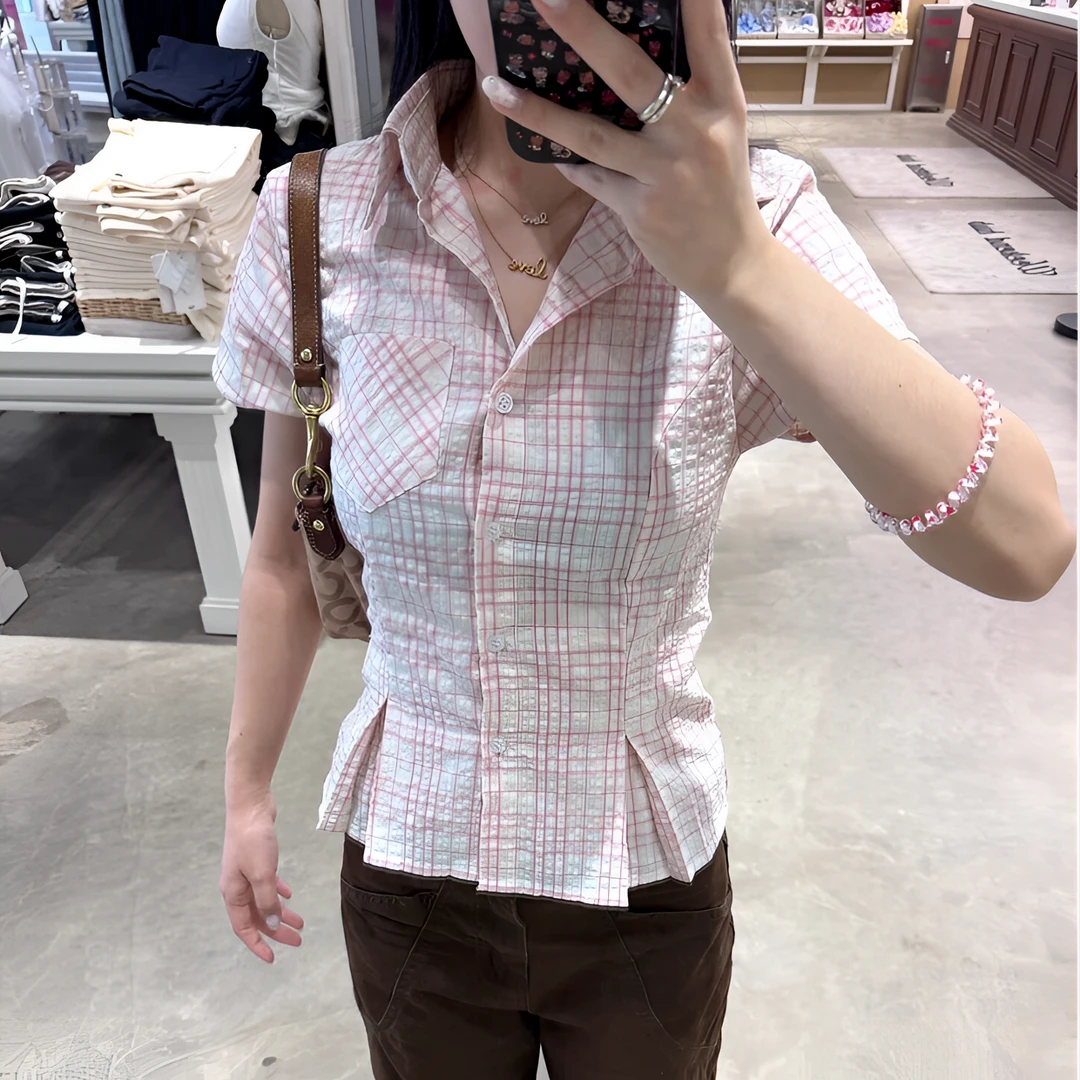 美式基础~复古学院风ins格纹polo领正肩翻领修身衬衫甜辣百搭上衣