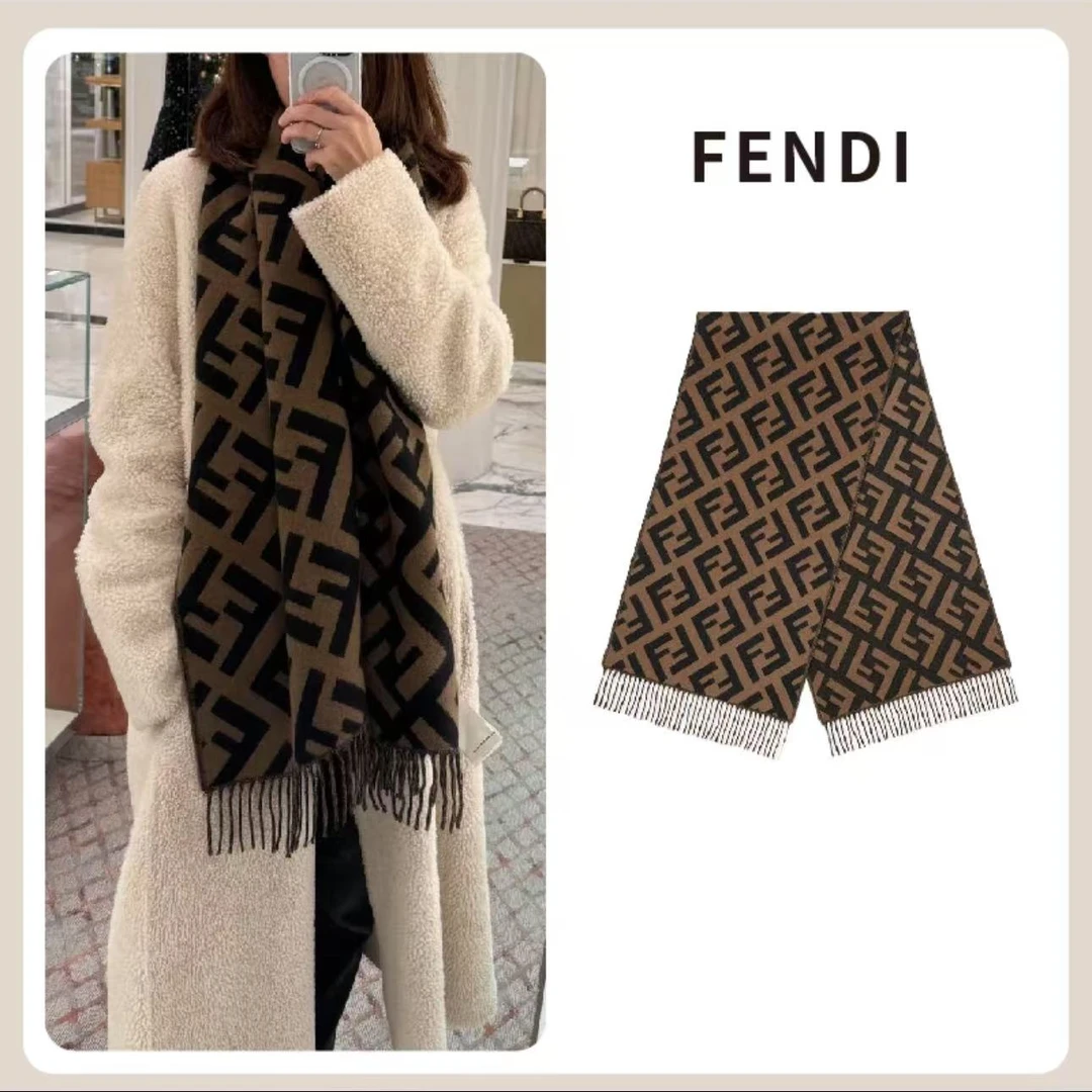 FENDI芬迪 Logo 时尚 潮流 绒线围巾 男女同款 棕色/红色