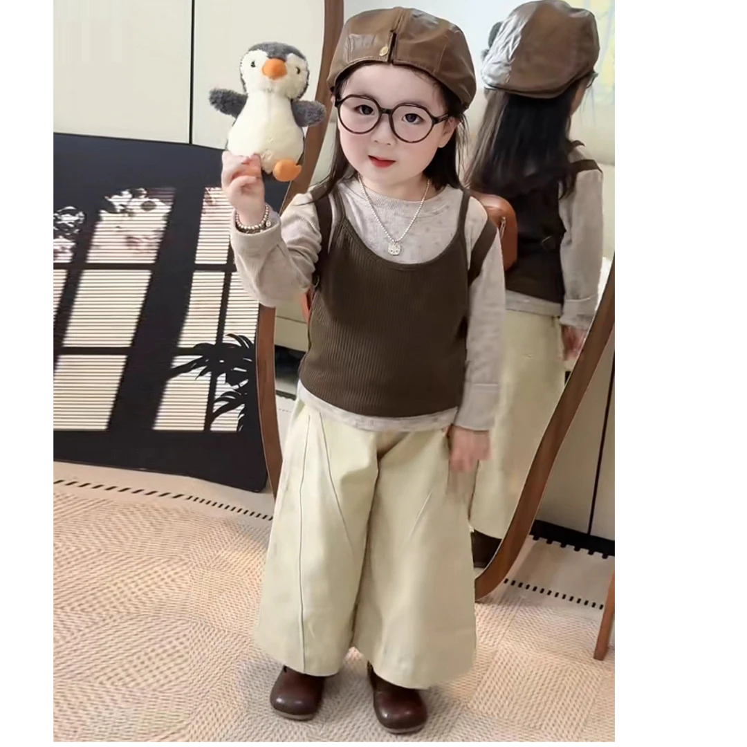 女童秋款套装2025新款潮流女孩时尚感针织吊带叠穿打底衫阔腿裤潮