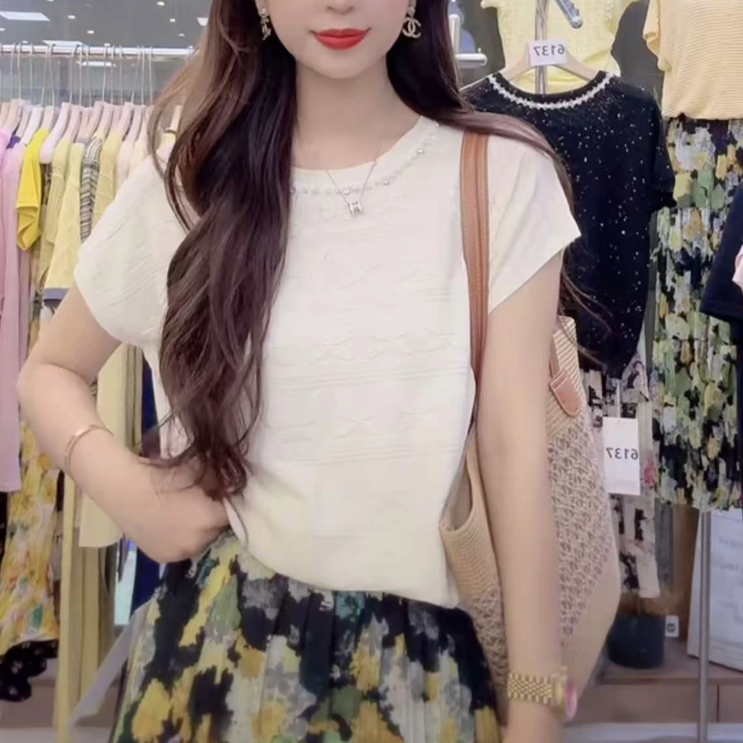 2379【蝴蝶花】法式珍珠装饰蝴蝶提花圆领针织上衣