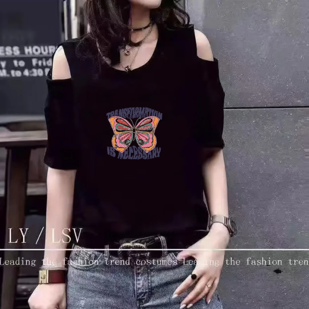 2025新款韩版宽松露肩设计感小众T恤女百搭心机洋气黑色显瘦上衣