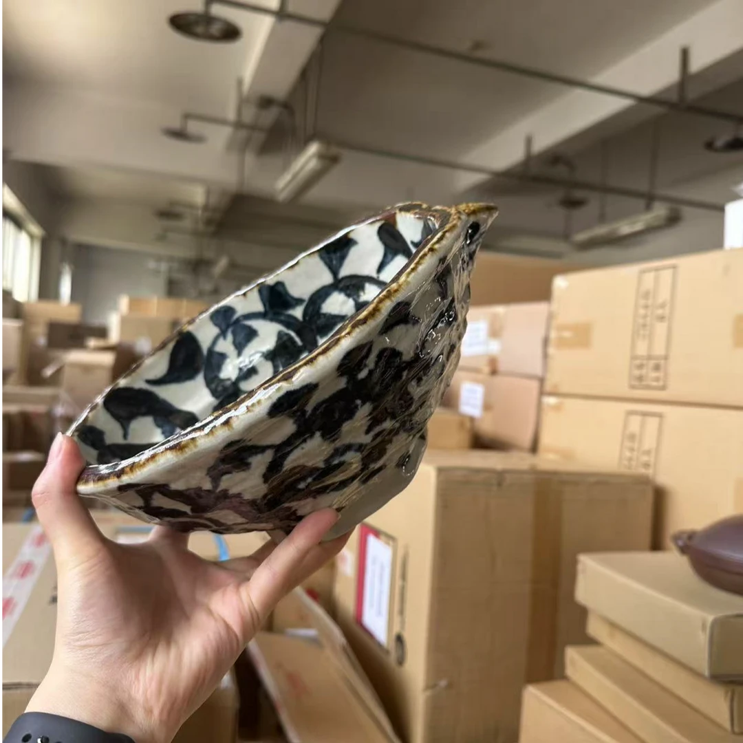 【丸志】【美浓烧手绘唐草片口深钵】日本原装进口美浓烧陶器家用深钵