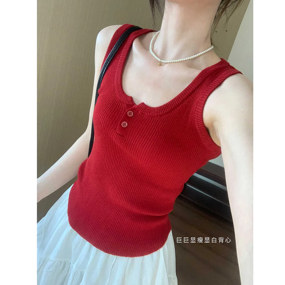 春夏气质显白红色U领针织吊带背心女修身显瘦短款内搭遮副乳无袖