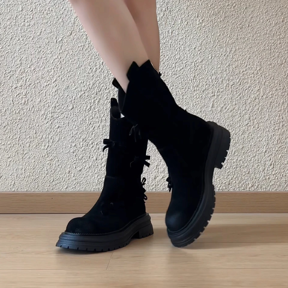 RubyL/4.5cm通勤复古风蝴蝶结百搭后拉链擦色圆头厚底骑士靴女款