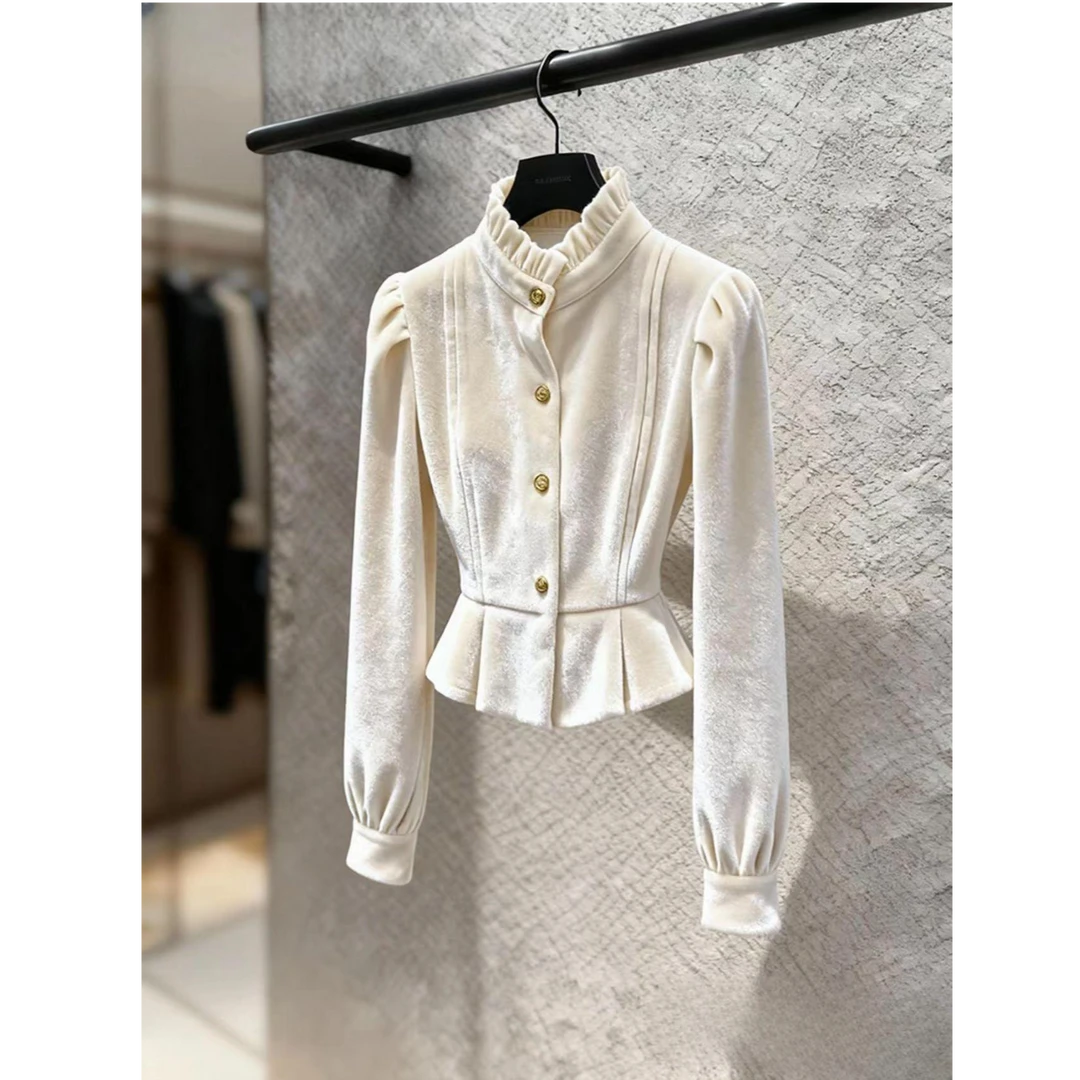 白色丝绒衬衫女秋冬高级感轻奢减龄洋气别致漂亮掐腰法式小资上衣