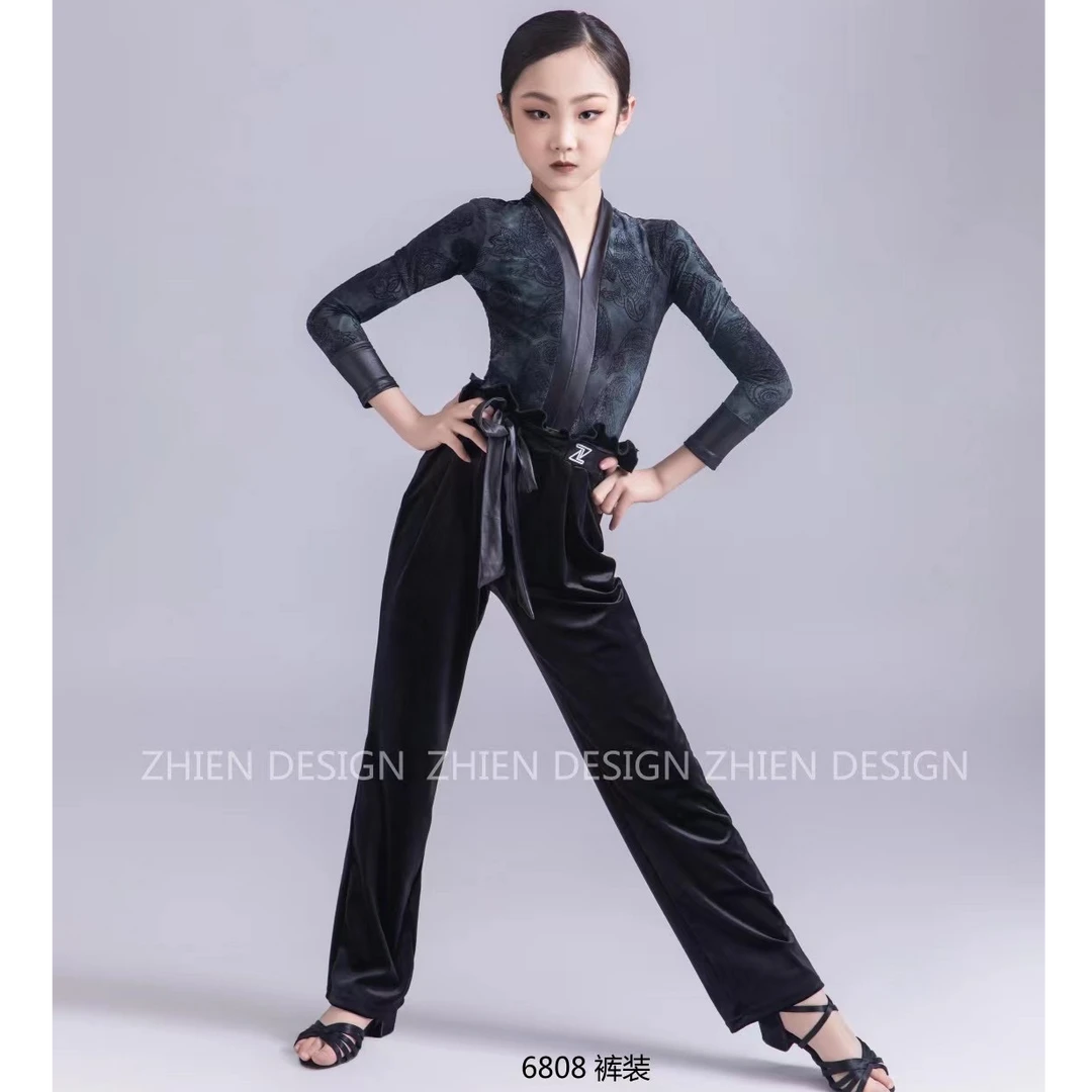 织恩舞服冬季拉丁服裤装网红套装精品订制长袖儿童黑色花苞裤高腰