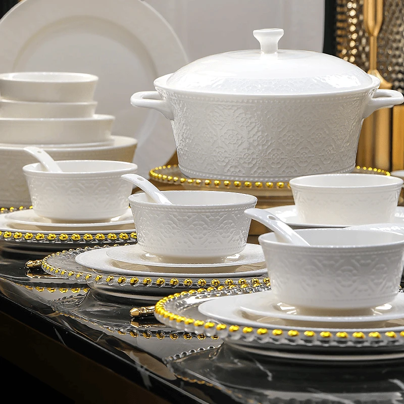 【洛威】莲韵40件6人食敦煌文创雅藏款纯白浮雕碗碟盘套装