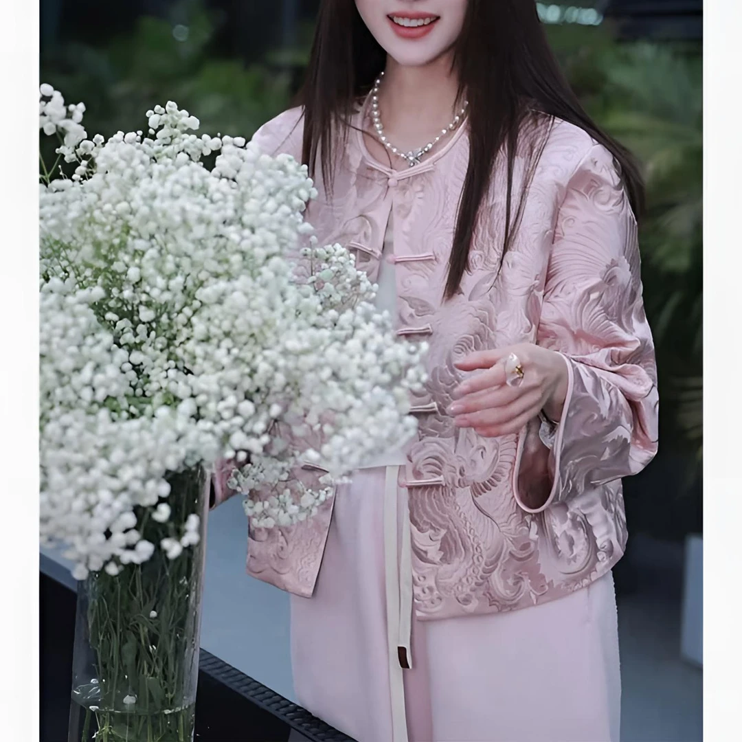 新中式唐装中国风粉色宋锦外套女2025早春新款小个子短款盘扣上衣