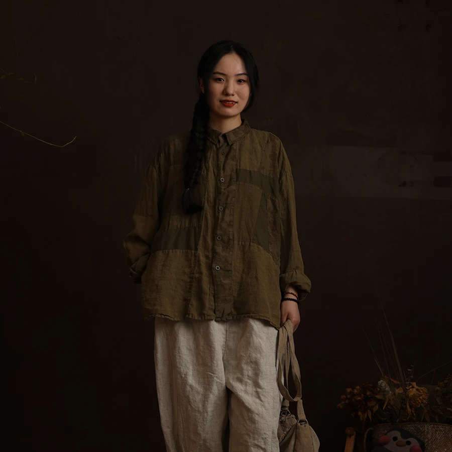 衣路走来原创设计亚麻做旧拼色长袖衬衫 37774