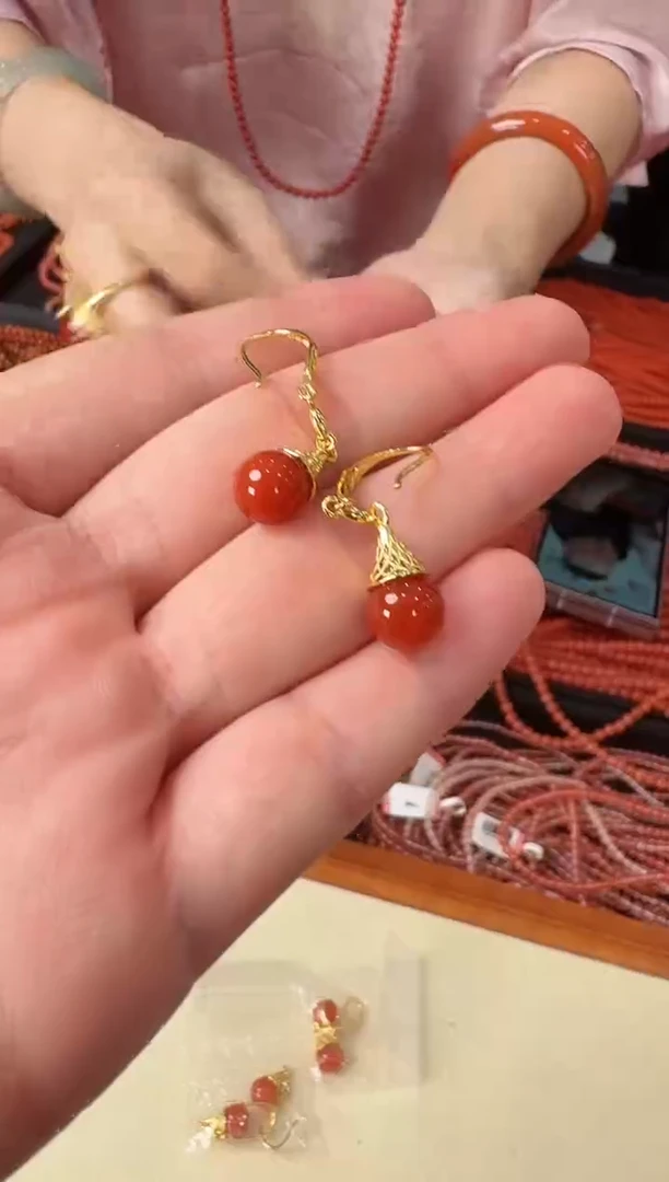 南红玛瑙银S925镶嵌耳饰07270002