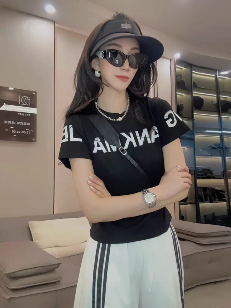 欧货字母印花短袖T恤女夏季2025新款洋气修身显瘦百搭打底衫上衣