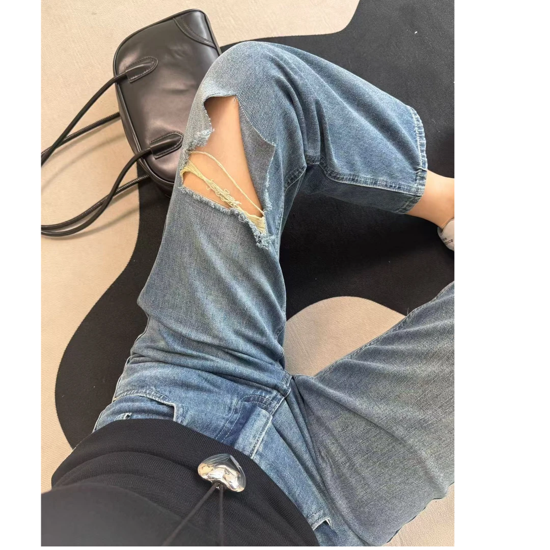 夏季设计款破洞九分牛仔裤3548