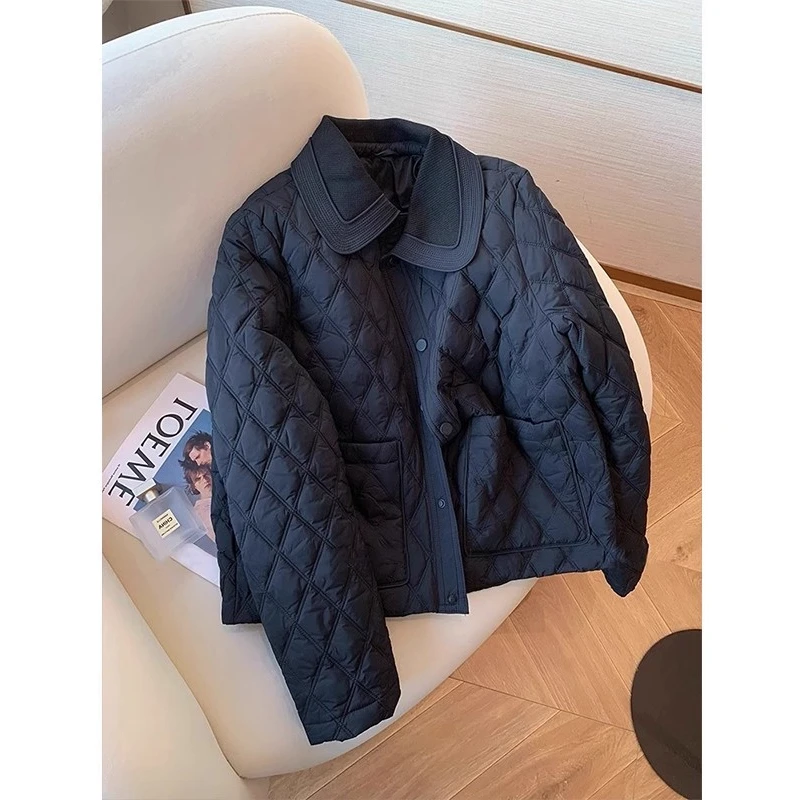 时尚高端百搭小个子翻领棉服女秋冬设计感简约轻薄菱形格夹棉外套