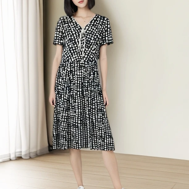 T1373法式夏季女装收腰气质长裙中长裙印花收腰印花裙子连衣裙B8