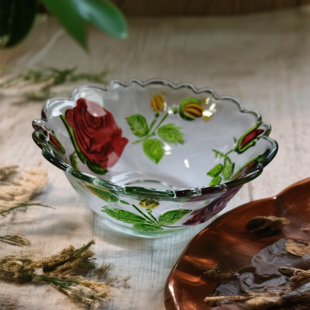 单只 轻奢彩绘小号玫瑰花边小碗水晶玻璃甜品碗 12.3CM