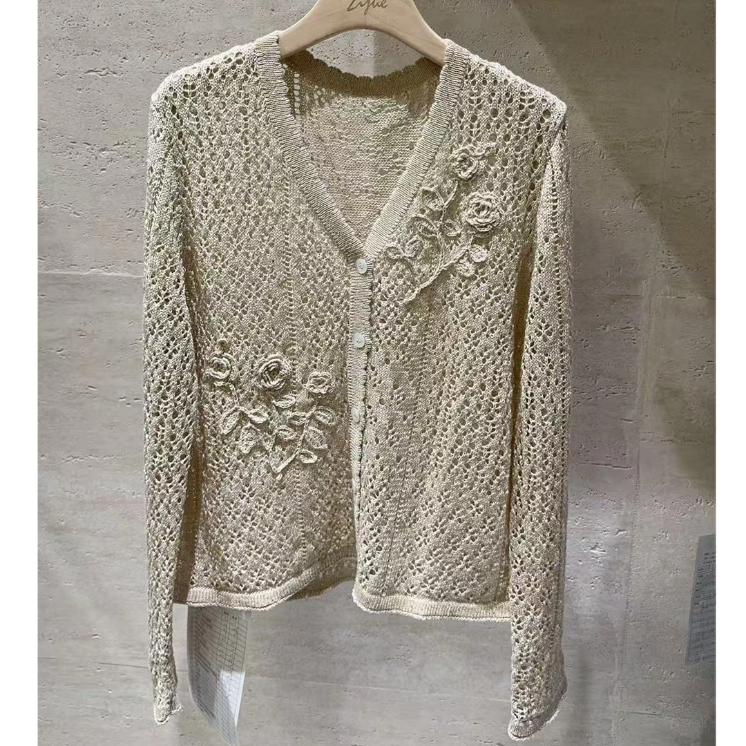 GINAYOLAN/瑾颜【亚麻系列】进口奢华亚麻手工绣花时尚珠片针织开衫