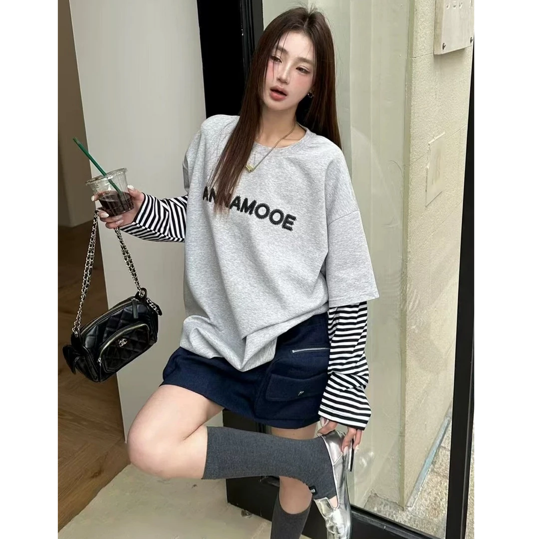 【春季上新】韩版宽松大版拼接假两件字母刺绣长袖T恤 3078