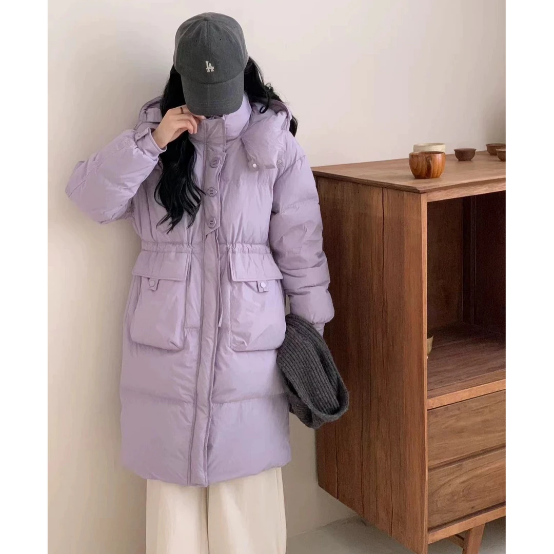 新款三扣羽绒服女长款连帽加厚宽松显瘦保暖白鸭绒外套815