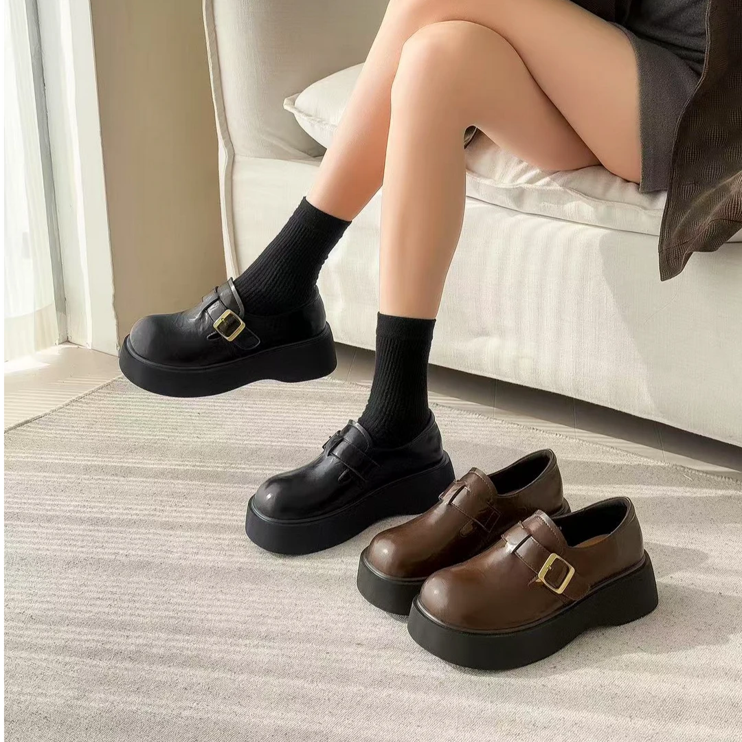 香港真皮厚底勃肯鞋女2025春新款黑色百搭小皮鞋休闲乐福单鞋8890