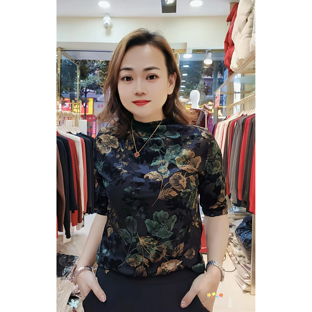 2025春季女士新款气质洋气植绒镂空花短袖半高领打底衫8927