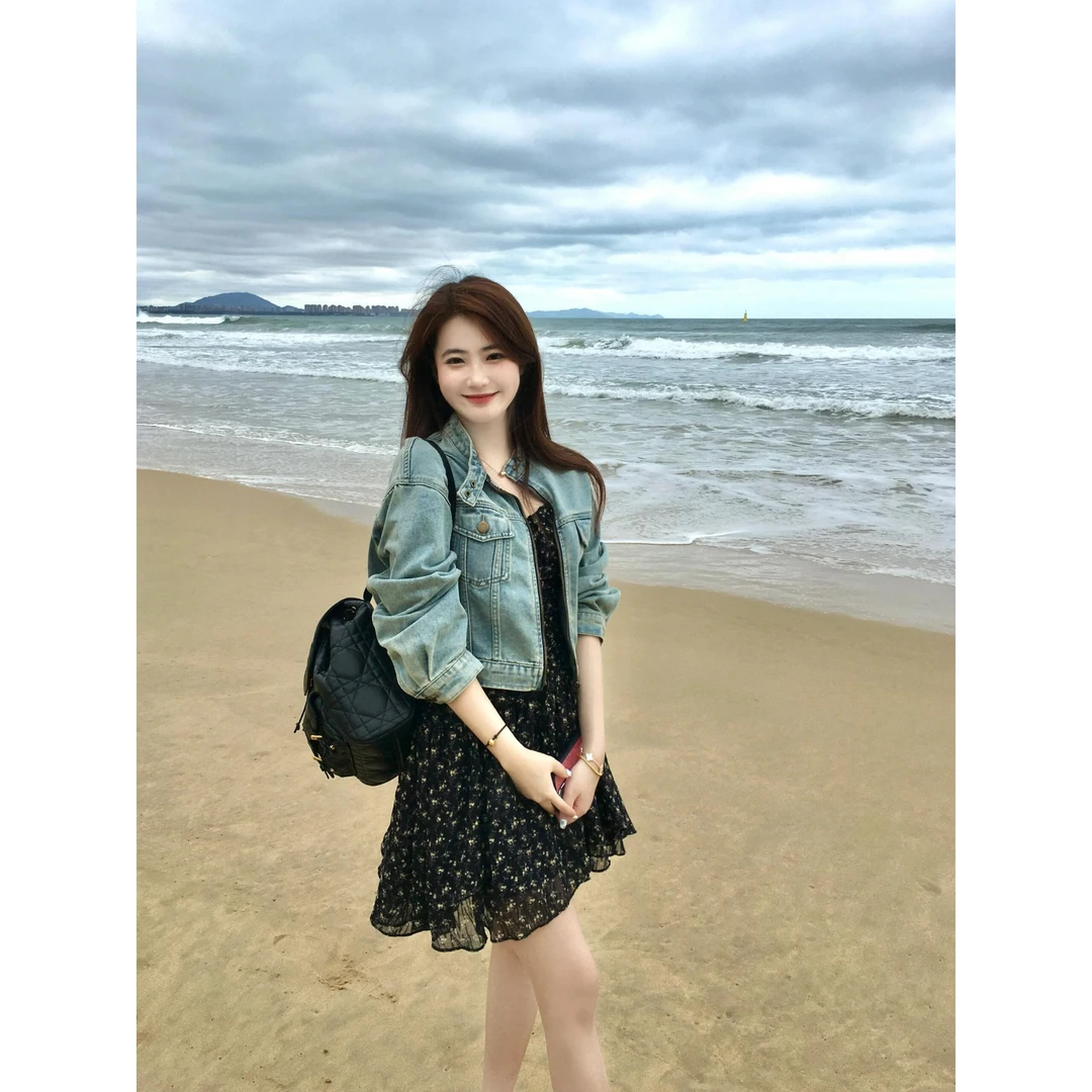 2025春季新款复古水洗宽松休闲百搭牛仔外套女碎花连衣裙两件套潮