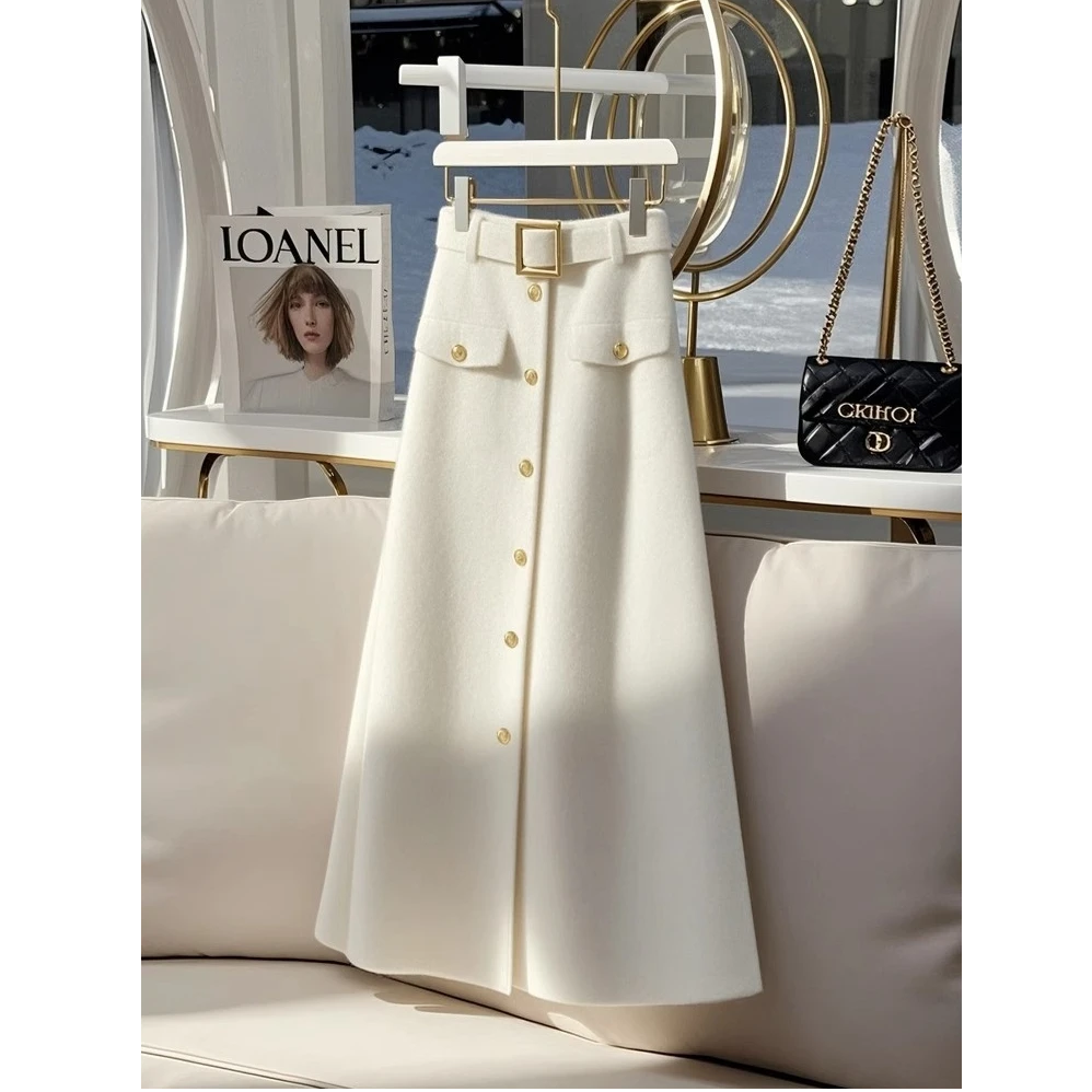 2025新款秋冬款独特绝美高级感高腰显瘦长裙气质白色a字半身裙