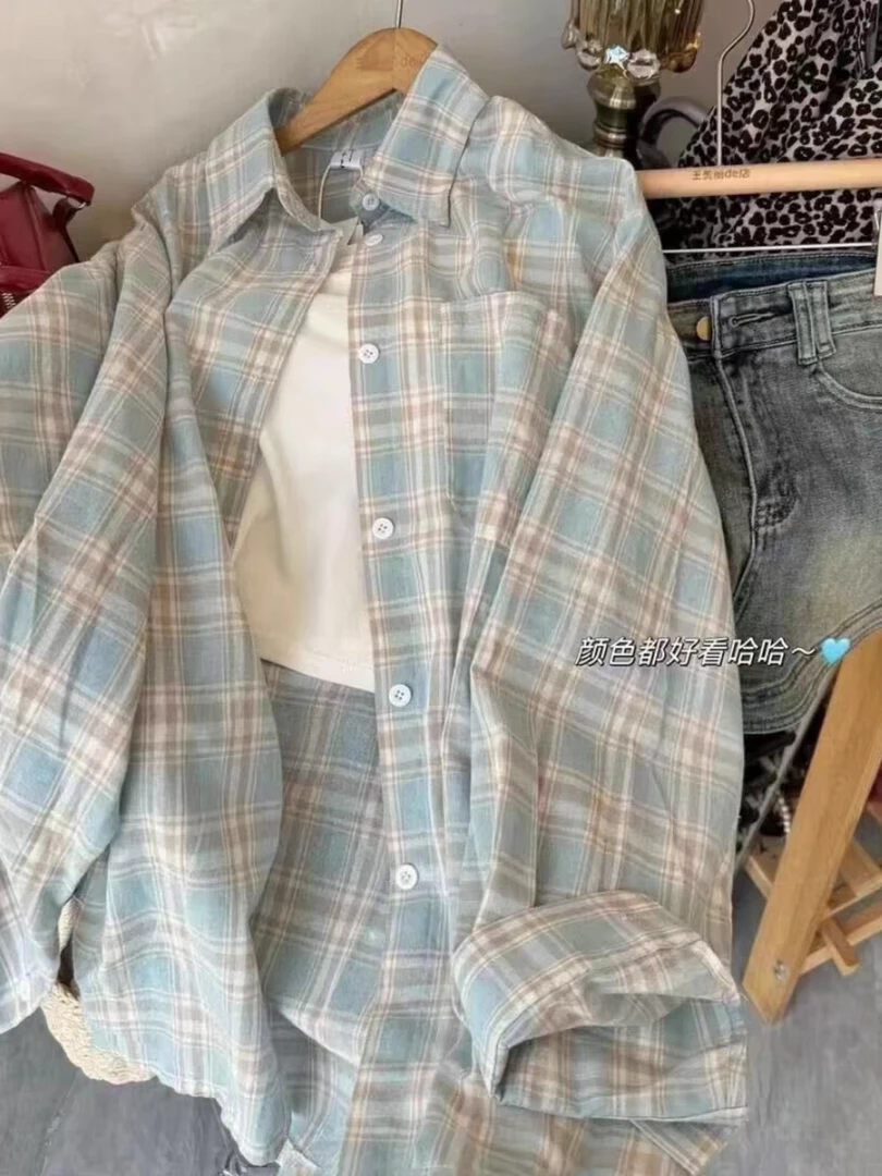 复古长袖格子衬衫宽松外套衬衣女小众设计感外搭上衣潮百搭韩版