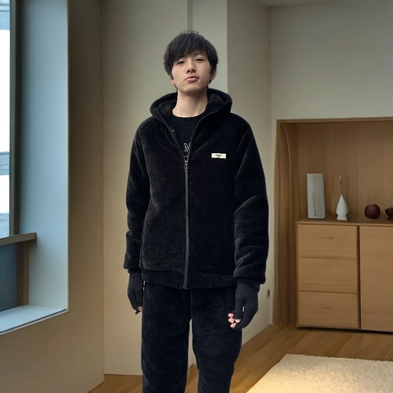 冬季男士连帽家居服套装保暖睡衣外穿黑色运动舒适睡衣冬款男