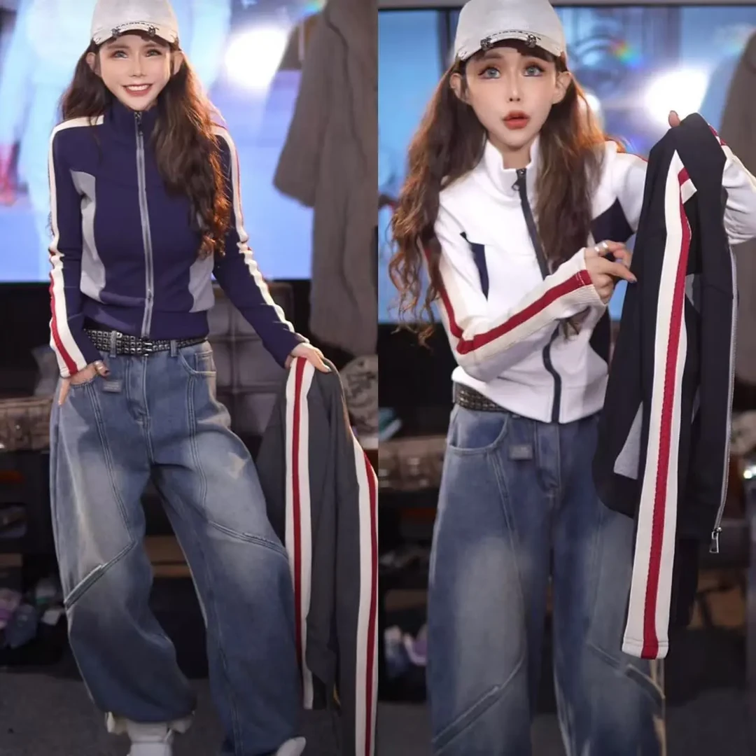 星宝原创减龄修身拼色立领拉链加绒加厚上衣收腰潮牌女条纹外套女