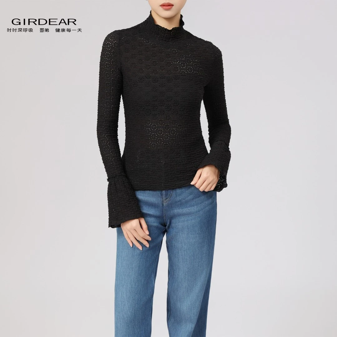 GIRDEAR/哥弟烟管领袖修身立体提花镂空马蹄袖1301035