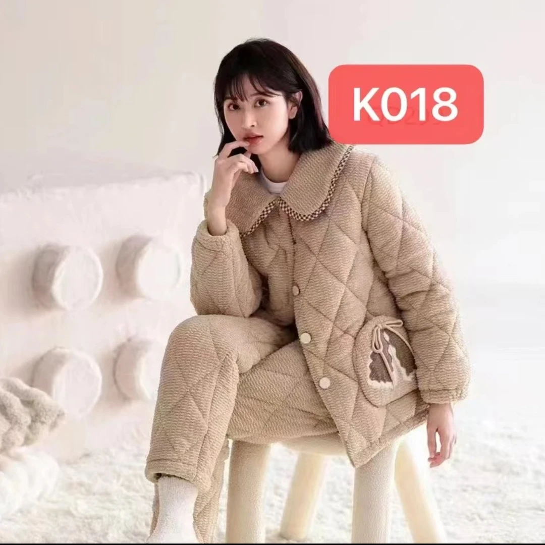 睡衣女冬季三层夹棉加绒加厚牛奶绒保暖睡衣套装女夹棉睡衣家居服