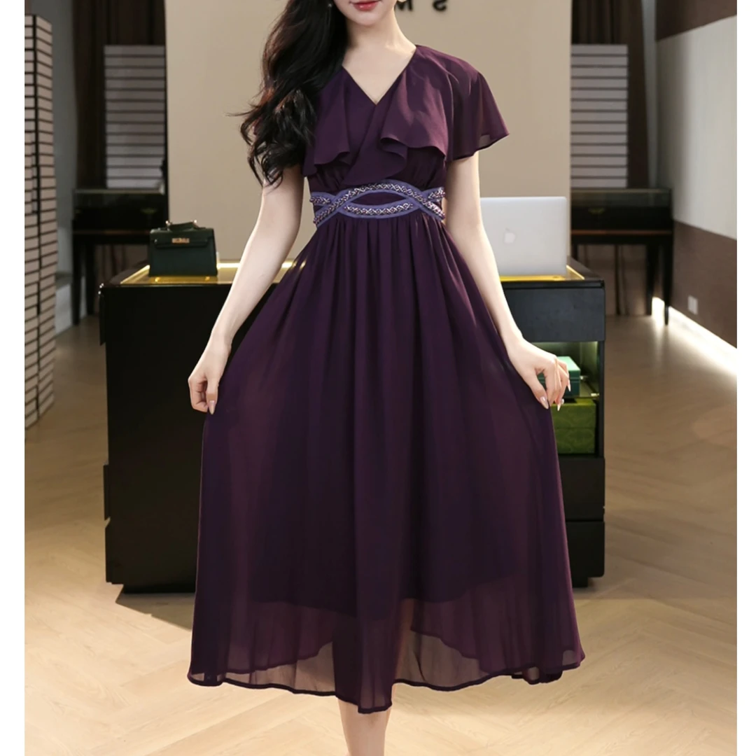 现货2025年夏季新款【Q24-X88】法式赫本风气质紫色收腰连衣裙子女