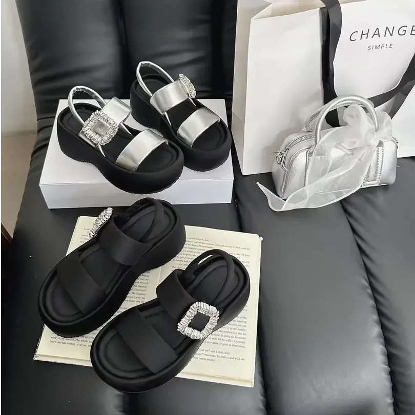 欧诺风欧洲站女鞋2025夏季新款厚底增高水钻后绑带休闲坡跟凉鞋女