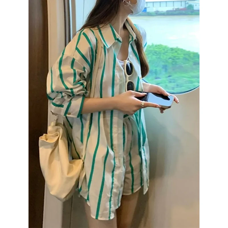 港风复古绿条纹衬衫短裤两件套JYFM2304 132802