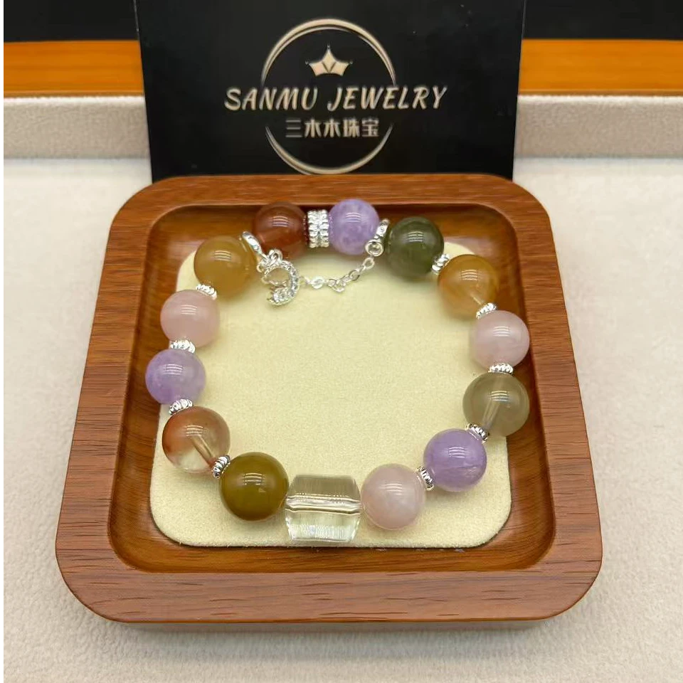 56天然水晶手串白水晶粉水晶彩兔毛紫锂辉女生手串原创设计款