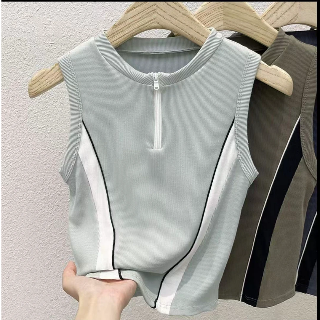 8482-甜酷风半拉链无袖背心（清爽薄荷）