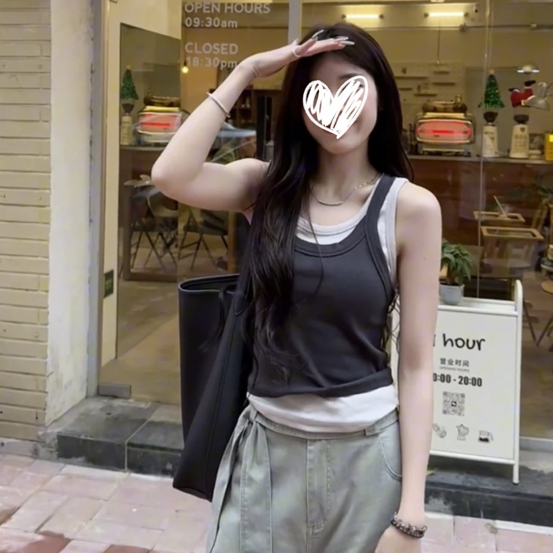 2025新款两件式叠穿吊带撞色街头感辣妹时尚显瘦背心