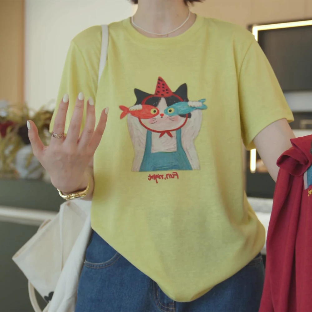 2025韩系夏季圆领显瘦印花短袖小猫爱吃鱼T恤休闲百搭宽松卡通