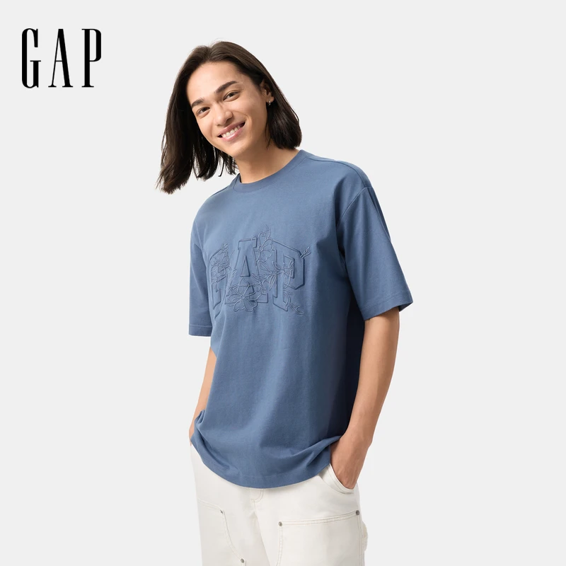 Gap男女装2025春季新款水洗棉花卉刺绣logo短袖T恤休闲上衣724943
