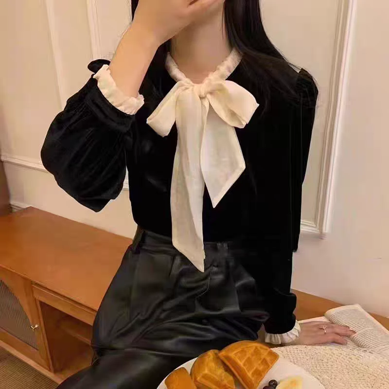 22361（A2）法式小香风黑色金丝绒衬衫女高级感蝴蝶结长袖上衣