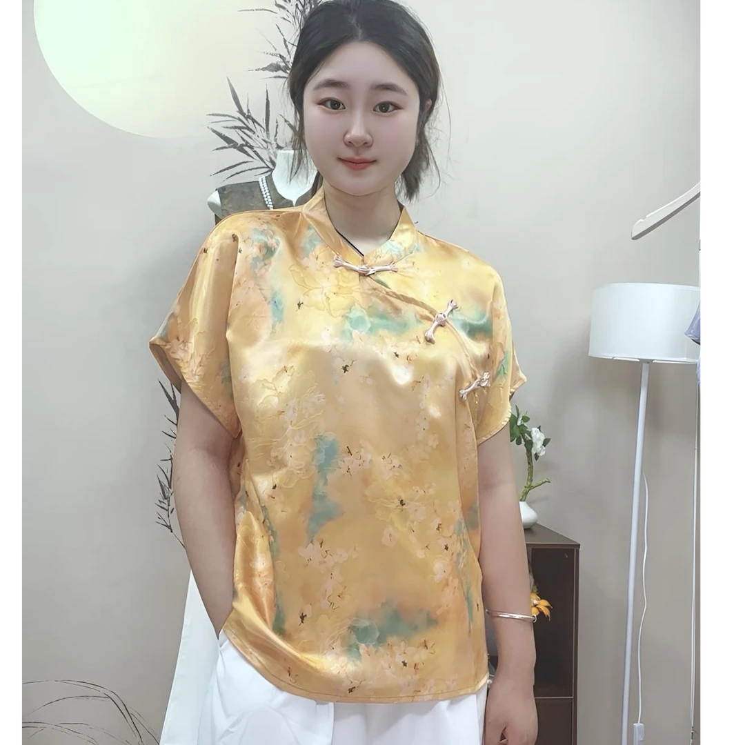 提花薄款纯色斜襟立领短袖上衣时尚唐装夏季风